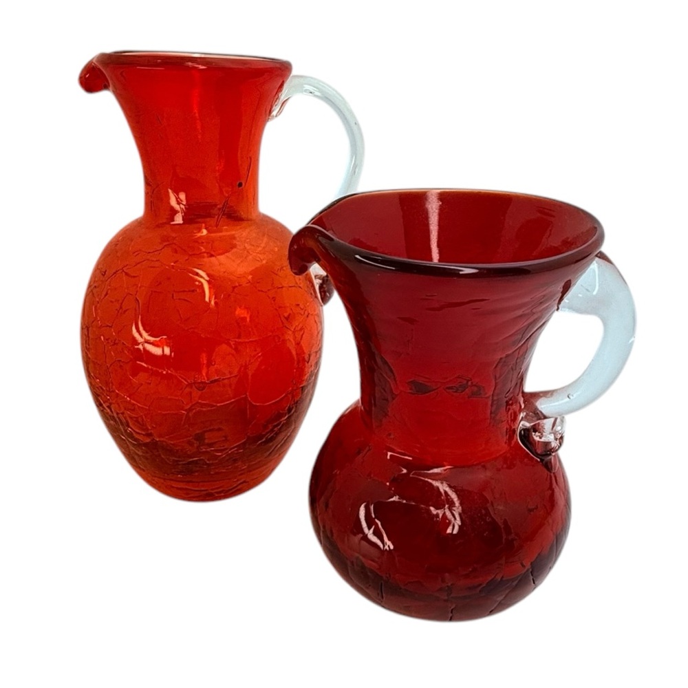 2 Vintage Hand Blown Crinkle Glass Small Pitchers Blenko Orange Red MCM